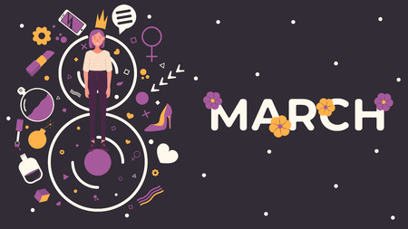 International Women's Day. Flyer or poster for March 8 with girl on doodles background. Banner for print or web. Vector illustrationのイラスト素材