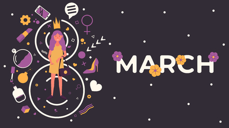 International Women's Day. Flyer or poster for March 8 with girl on doodles background. Banner for print or web. Vector illustrationのイラスト素材