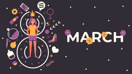 International Women's Day. Flyer or poster for March 8 with girl on doodles background. Banner for print or web. Vector illustrationのイラスト素材