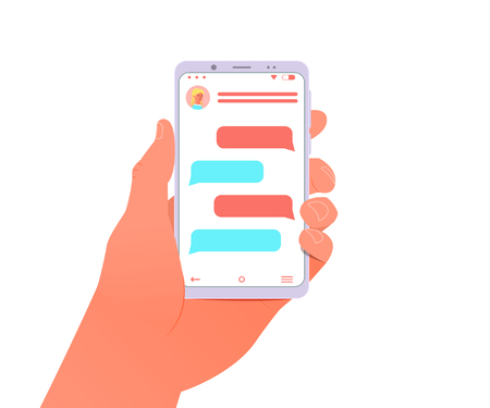 Mobile phone chat concept. Man hold in hand smartphone. Online talking. Vector illustrationのイラスト素材
