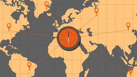 Travel concept, compass and dotted line air path on the background of the map. Vector illustrationのイラスト素材
