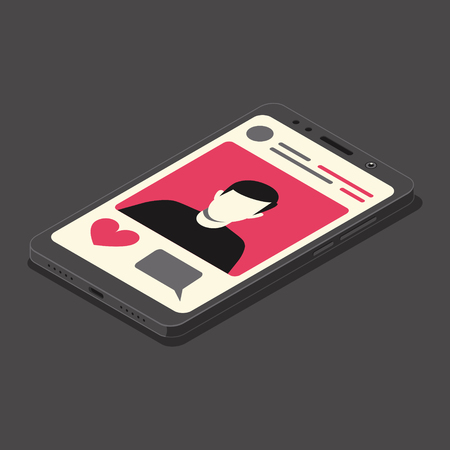 Social media concept, isometric illustration, smartphone and social network page with girl's photo. Vector illustrationのイラスト素材