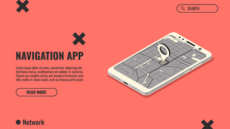 Navigation app concept, isometric illustration, smartphone and cities map with location marker. Landing page template. Vector illustrationのイラスト素材