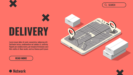 Delivery concept, isometric illustration, delivery app, smartphone and city map with location markers, the boxes with the cargo. Landing page template. Vector illustrationのイラスト素材