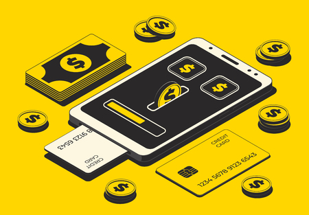 Mobile payment concept, financial transactions, online payment. Smartphone, money and credit card isolated on yellow background. Vector illustrationのイラスト素材