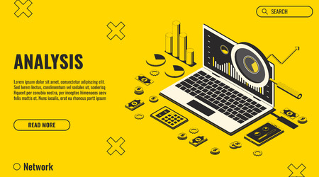 Data Analysis concept, financial analysis, business strategy, audit. Laptop with chart, smartphone with diagram, clipboard with pen, money and isolated on yellow background. Vector illustrationのイラスト素材