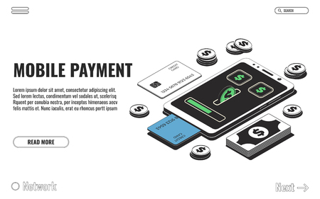 Mobile payment concept, financial transactions, online payment. Smartphone, money and credit card isolated on white background. Vector illustrationのイラスト素材