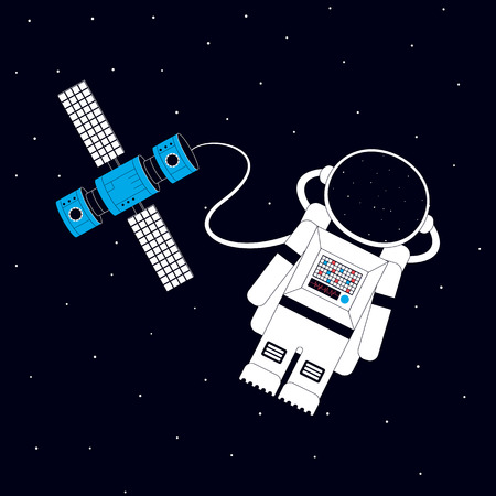 Astronaut and space station in the background of an open space. Vector illustrationのイラスト素材