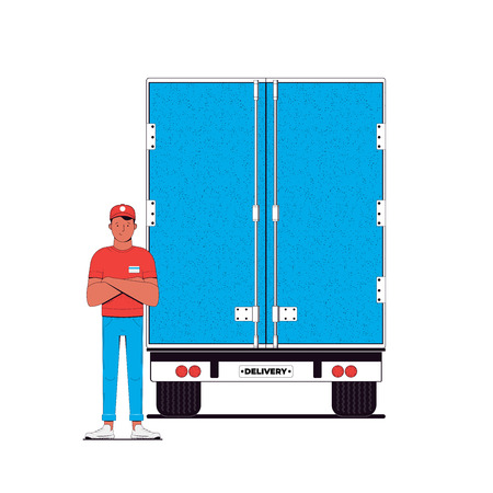 Delivery concept illustration. Courier and delivery truck isolated on a white background. Transportation service. Vector illustrationのイラスト素材