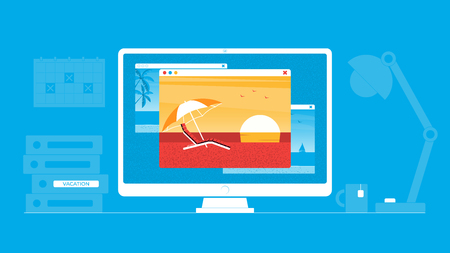 Vacation and travel concept. Office workplace, Images of beaches with palm trees and sun lounger on the monitor. Vector illustrationのイラスト素材