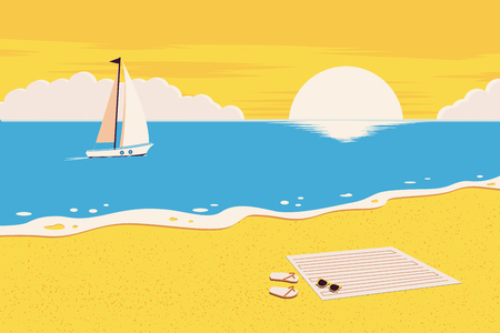 Summer background. The beach and the tropical sea with the setting sun. Template for poster, banner, web.  Vector illustrationのイラスト素材