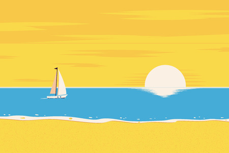 Summer background. The beach and the tropical sea with the setting sun. Tropical landscape. Template for poster, banner, web.  Vector illustrationのイラスト素材