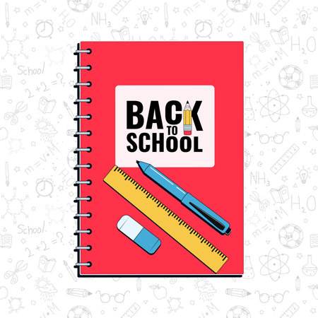 Back to school. Notebook with pen, ruler and eraser on doodles background. Vector illustrationのイラスト素材