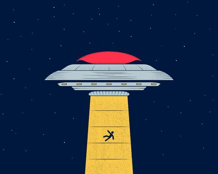 Ufo in the night sky abducts man. Flying saucer. Vector illustrationのイラスト素材
