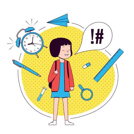 Back to school. Happy girl with school supplies. School girl .Vector illustration.のイラスト素材