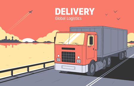 Delivery Concept. Delivery truck rides on the road. City silhouette and sunset. Vector illustrationのイラスト素材