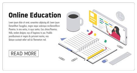 Online education isometric concept. Online courses or school. The teacher leads the lesson. Vector illustrationのイラスト素材