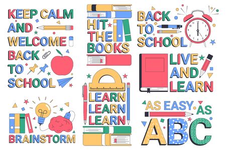 Back to school. Learn. Set of illustrations with typographic elements. Vector illustrationのイラスト素材