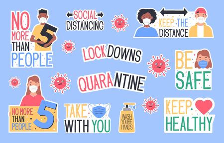 Set of CoronaVirus Covid-19 letterings and other elements. Behavior of people after removal of self-isolation. Vector illustrationのイラスト素材