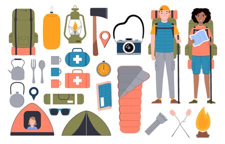Hiking, local travel, tourism, summer vacation. Set of flat vector illustration isolated on white background.のイラスト素材