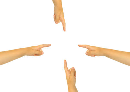 Childrens hands specify in the photo centre, on a white background.の写真素材