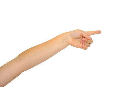 The extended childrens hand with a forefinger on a white background.の写真素材