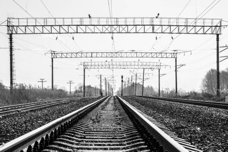 Railroad tracks stretching into the distance beyond the horizonの写真素材