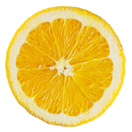 A perfectly round orange slice isolated on a white backgroundの写真素材