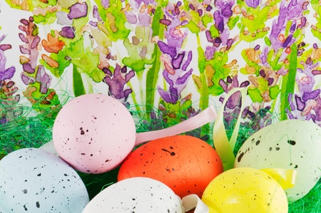 Picture of easter eggs with lavender backgroundの写真素材