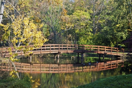 Wooden bridge in mirror, autumn coloredの写真素材