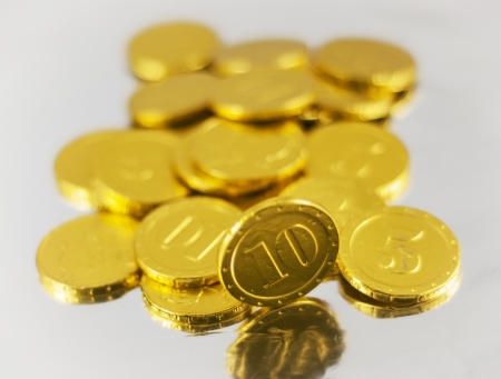 Set of gold chocolate coins.の写真素材