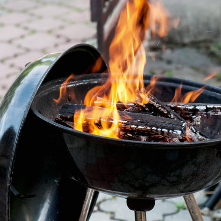 Grill. Hot embers in burning fire.の写真素材