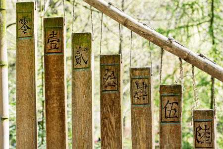 Wooden buddhist chimes in the eastern garden.の写真素材