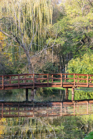 Wooden bridge over mirrored pond in the autumn park. Natural theme.の写真素材