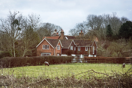 Country house and sheep in England. Farm theme.のeditorial素材