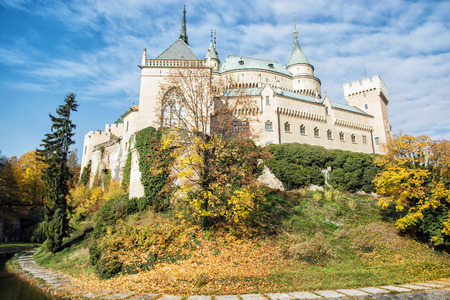 Bojnice castle in Slovak republic. Cultural heritage. Seasonal scene. Autumn trees.のeditorial素材