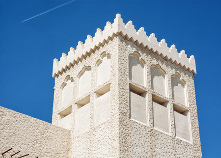 Building in the arabic architecture design and flying airplane. Travel destination.