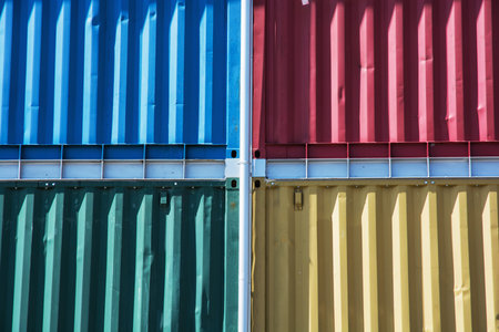 Colorful cargo containers stacked up. Industrial theme.