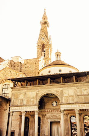 Basilica of Santa Croce, Florence, Tuscany, Italy. Cradle of the renaissance. Cultural heritage. Yellow filter.の写真素材