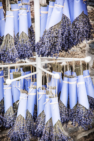 The rack with dried lavender bouquets. Aromatherapy theme.の写真素材