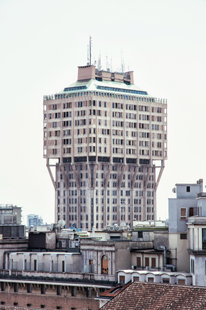 The Torre Velasca is a skyscraper built in 1950s in Milan, Italy. Architectural scene.のeditorial素材