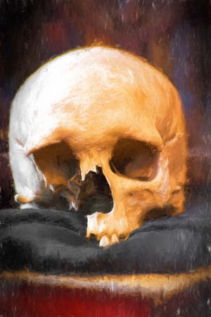 Damaged human skull and old book. Illustration with colored pencils.の写真素材