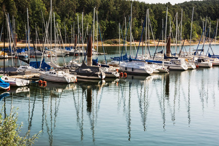 Sailboats at the pier in Brombachsee, Germany. Summer vacation. Travel destination.のeditorial素材