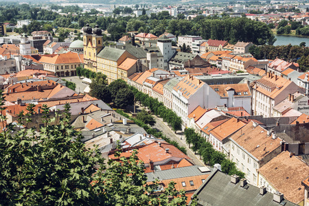 Historic centre of Trencin city, Slovak republic. Urban scene. Piarist church of saint Francis Xaversky.の写真素材
