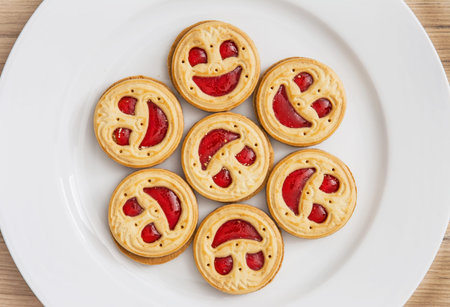 Seven round biscuits smiling faces on the white plate. Humorous food. Tasty cookies. Good mood.