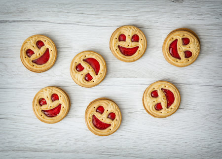 Seven round biscuits smiling faces. Tasty cookies. Humorous food. Jam biscuits. Food theme.