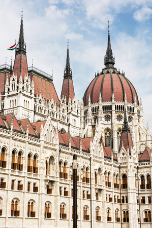 Hungarian parliament building, also known as the Parliament of Budapest, Hungary. House of the nation. Cultural heritage. Travel destination. Architectural theme. Detail scene. Lajos Kossuth square.の写真素材