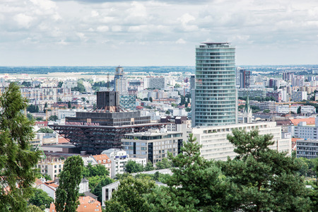 Urban scene in Bratislava, capital of Slovak republic. Slovak radio building. Architectural theme. Cultural heritage. Inverted pyramid shape. Travel destination.のeditorial素材