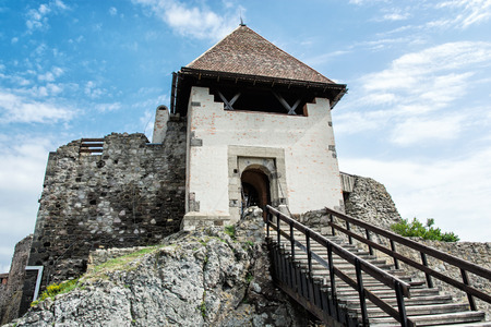 Ruin castle of Visegrad, Hungary. Ancient architecture with stairs. Travel destination. Cultural heritage.の写真素材