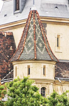 Detail photo of beautiful Vajdahunyad castle in Budapest, Hungary. Cultural heritage. Travel destination. Detail of architecture. Famous place. Tourism theme.のeditorial素材